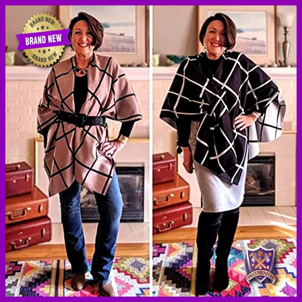 Classic Check Poncho Shawl Wrap Elegant Cashmere-Like Viscose Polyester Cape